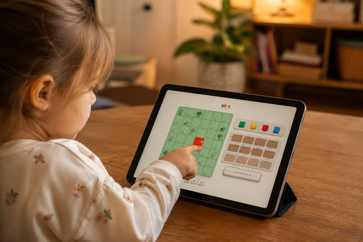 A young child playing BÖKS on a tablet